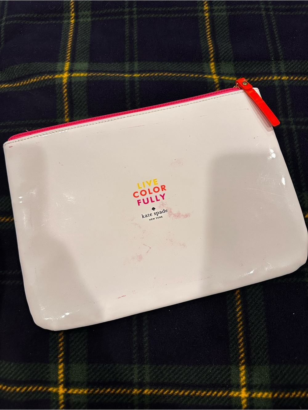 kate spade white cosmetic pouch with pink zipper and orange pull